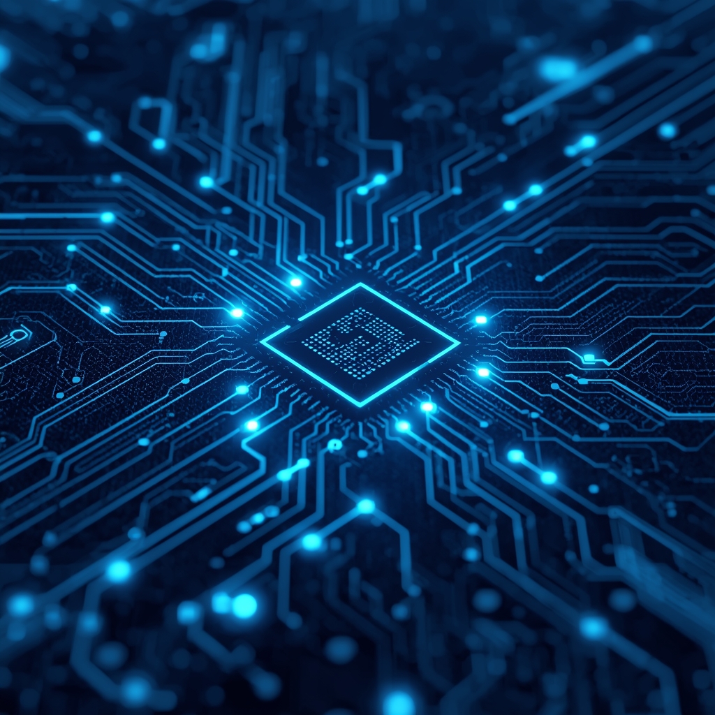 Futuristic circuit board with glowing blue light paths and microchips